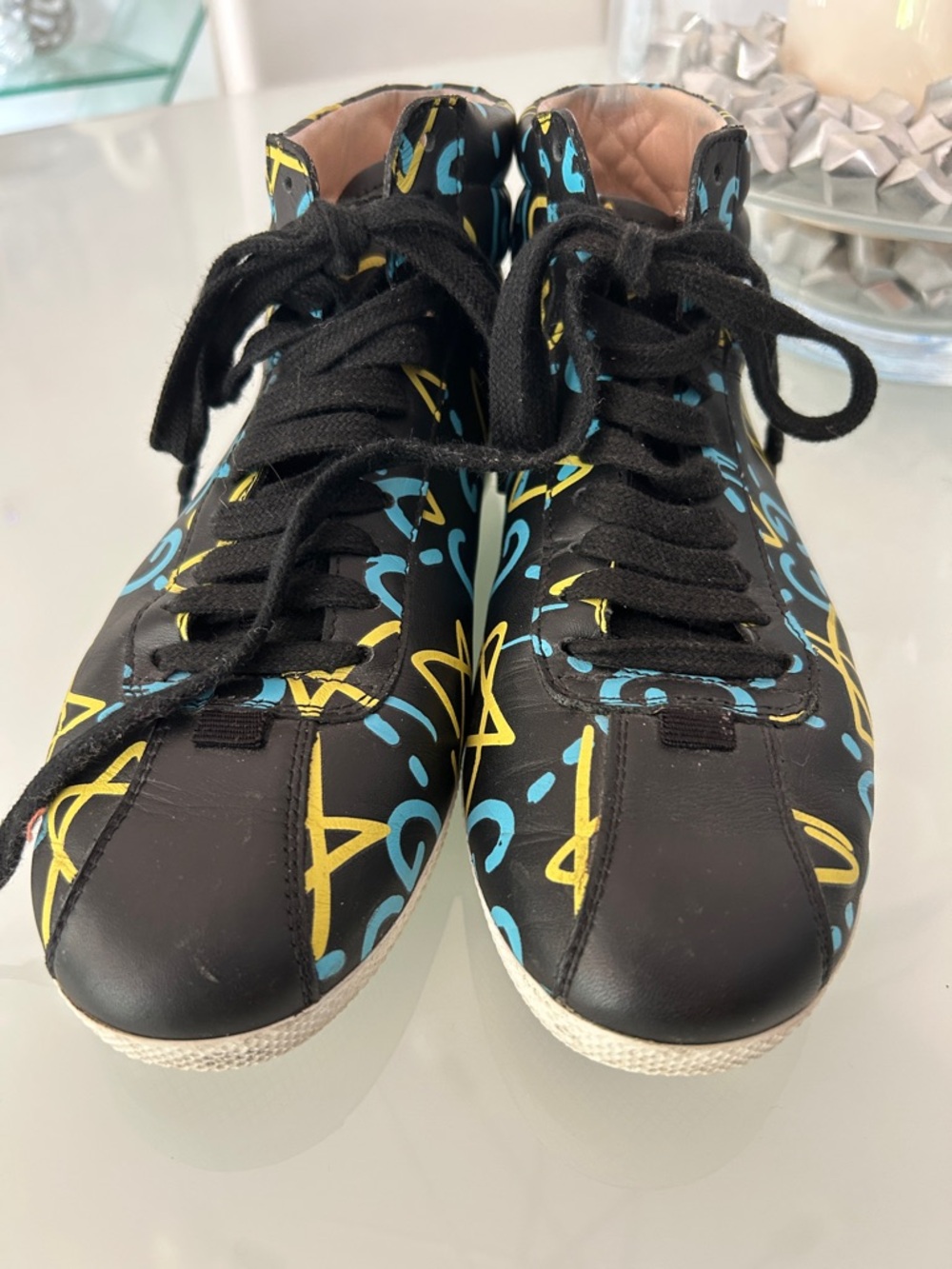 Gucci Black Sneakers with Teal and Yellow Graffiti Print